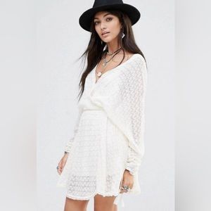 Free People Snug Bug Faux Wrap Mini Sweater Dress Cream Lace Tassel Boho